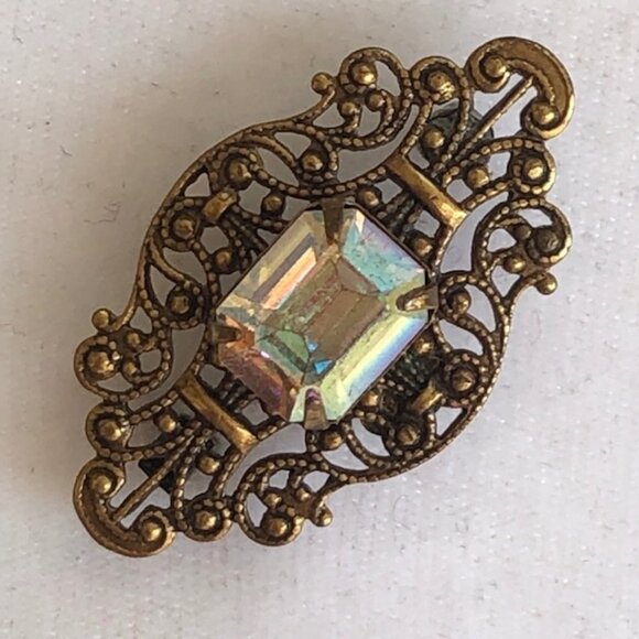SADIE GREEN Signed Filigree Rectangle Crystal Brooch Pin Vintage - Picture 3 of 15